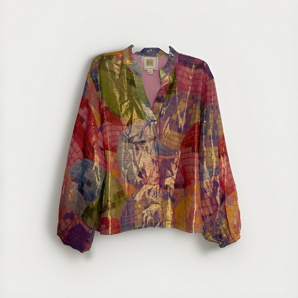 Emily McCarthy Size XL Abstract Colorful Pullover Blouse Top Silk Blend Preppy